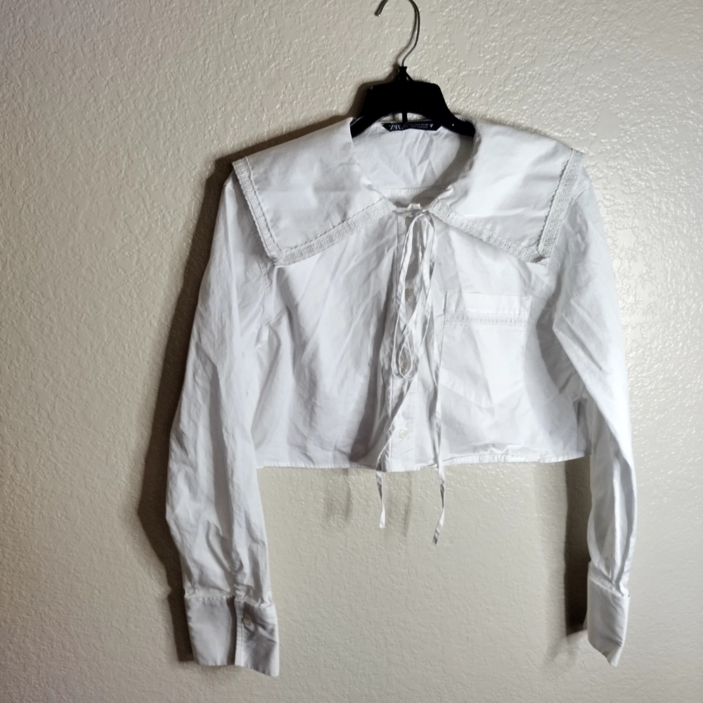 ZARA CROP PETER PAN COLLAR Long Sleeve SHIRT Sz S - Picture 2 of 10